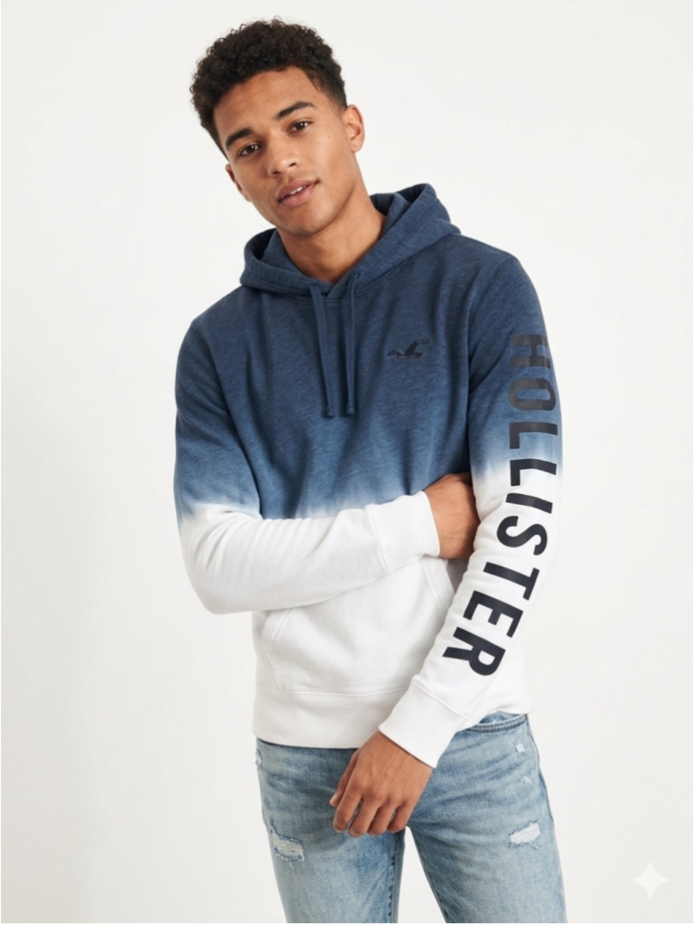Men's Hollister Navy Blue White Ombre Dip Dye Spellout Sleeve Hoodie Small - 865